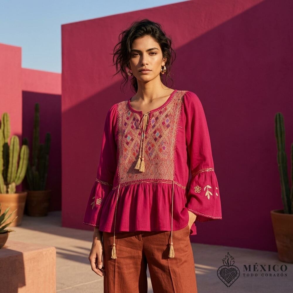 Fiusha Mexican cotton Blouse – geometric Embroidery, San Andres blouse XS-M-L